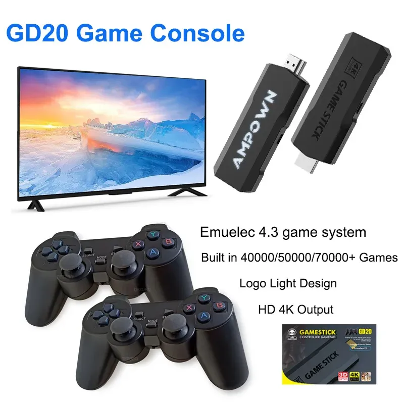 Consoles Console de jeu vidéo GD20, plus de 40 000 jeux rétro intégrés, contrôleur sans fil 2.4 ghz, Emuelec4.3 GD20, Stick de jeu 4K pour PS1 /SNES/N64