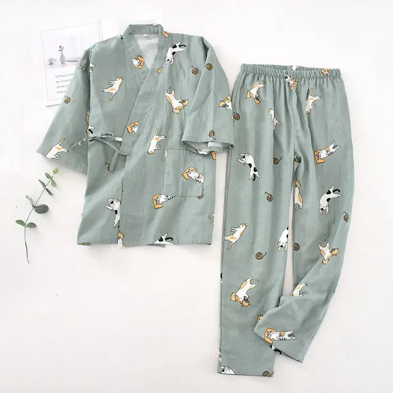 Sevensleeve Japanse stijl kimono pyjama set vrouwelijke lente en herfst 100% katoen gaas thuis kleding leuke zoete twop 240219