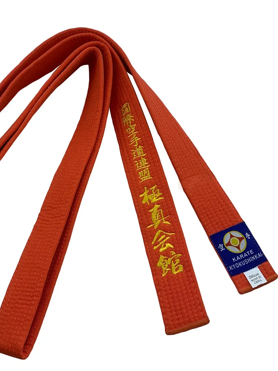 Продукция Международная федерация каратэ Ремни киокуши Спортивный оранжевый пояс IKF шириной 1,6 м 4,6 м, ширина 4 см, изготовленный в Китае, с вышитым текстом по индивидуальному заказу