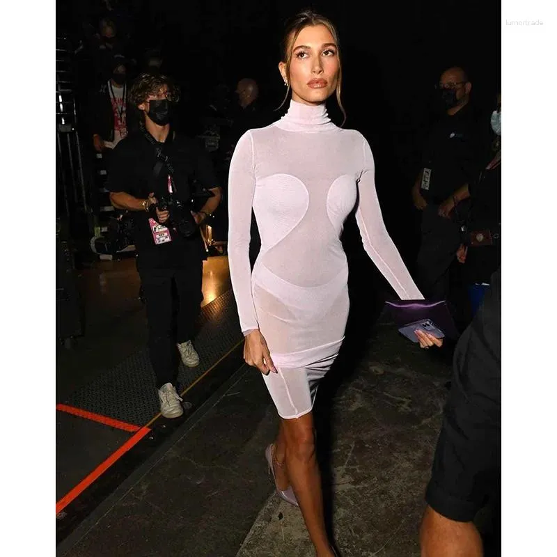 Casual Dresses Black White See Through Mesh Long Sleeve Women Turtleneck Sexig klänning 2024 BodyCon Party Club Robe Femme BD2142