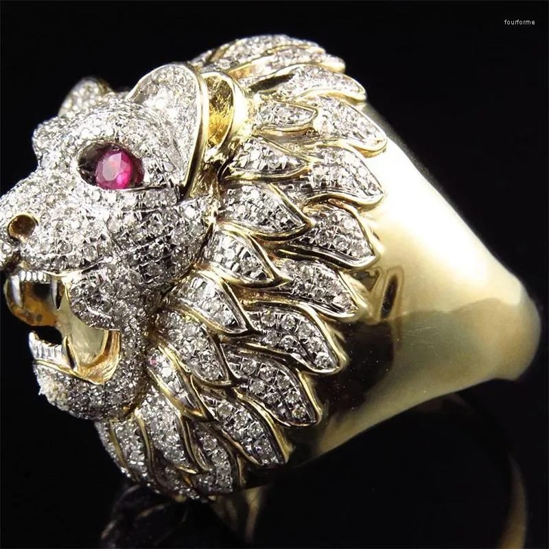Anelli a grappolo Colori oro vintage Leone Animale per uomo Gioielli di fidanzamento per matrimonio in pietra rossa intarsiata in metallo alla moda