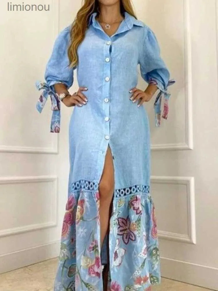 Urban Sexy Dresses Elegant Lantern Sleeve Sundress Women Dress Fashion Lapel Neck Boho Printing Shirt Dress Single Breasted Maxi Dress Robe Femme 240224