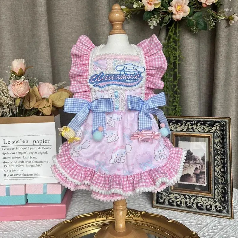 Roupas de cachorro rosa lolita roupas para animais de estimação bonito cartton impressão doce arco vestido de princesa para cães pequenos médios chihuahua yorkshrie roupas de cachorro