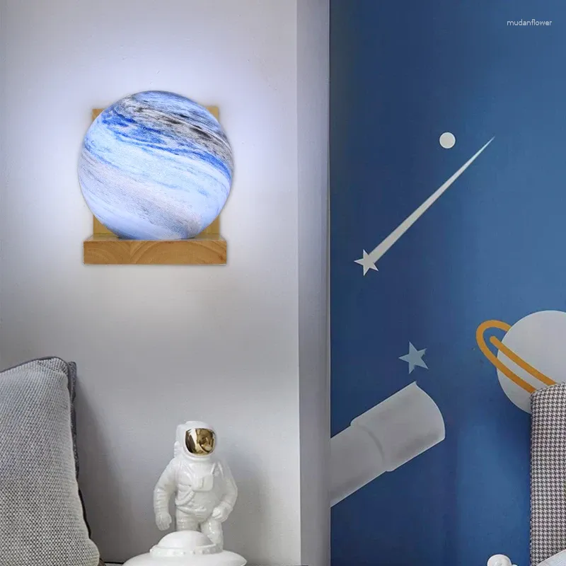 Vägglampa kreativ planet för barn rum baby pojkar sovrum studie blå tecknad boll jord måne ljus inomhus barn sconce