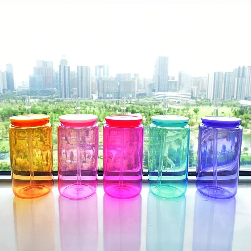 Latas de vidro coloridas de sublimação de 16 onças com tampa colorida gelatina colorida copos de vidro de sublimação copos para beber com canudo reutilizável DIY