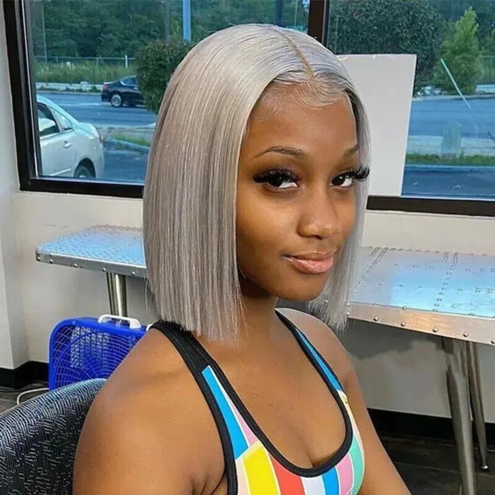 Gray Bob Wig Human Hair - 10 Inch Silky Straight Middle Part  display picture 1