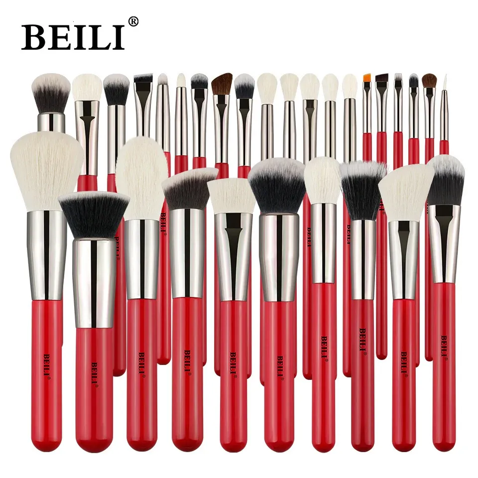Beili Red Natural Makeup Brushes Set 1130st Foundation Blandning Pulver Blush Eyebrow Professional Eyeshadow Brochas Maquillaje 240220