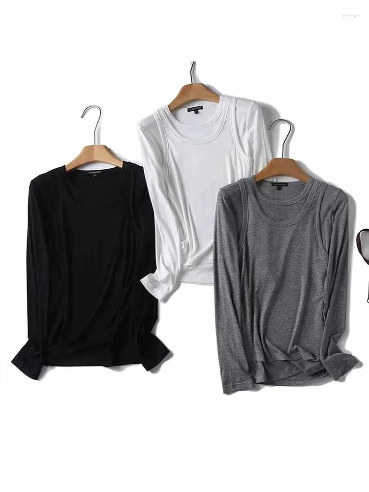 Women's Sweaters Women Fashion Rib Lining Double Layered Design Slim O Neck Knitted T-shirt Vintage Long Sleeve Female Pullovers Chic Tops