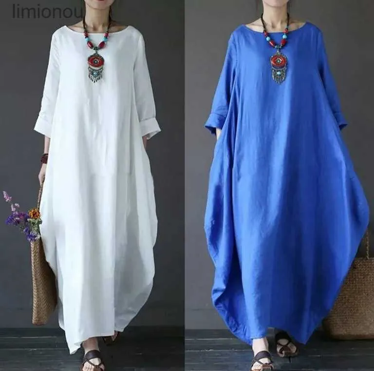 Stedelijke sexy jurken 5 effen snoepkleuren Dames O-hals Mid-mouw Kaftan Maxi-jurk Zomer Herfst Katoen Linnen Losse jurken 240223