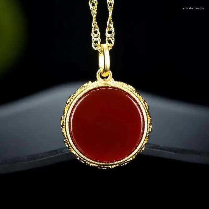 Hängsmycken 24k Real Gold Plated Copper Red Jade Öppnande hängande halsband Kvinnor Fina smycken äkta Myanmar Jadeite Box Halsband