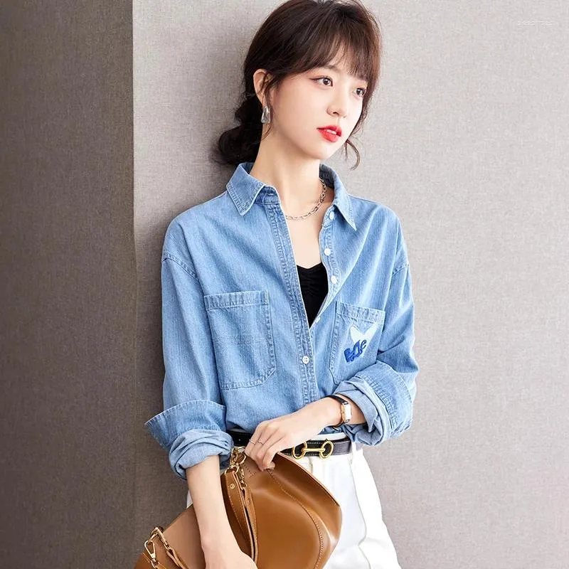 Damesblouses Borduren Blauw Denim Shirt Vest Dames Top Lente Herfst Lange mouw Revers Knop Losse Casual Blouse Jas Kantoor Dame