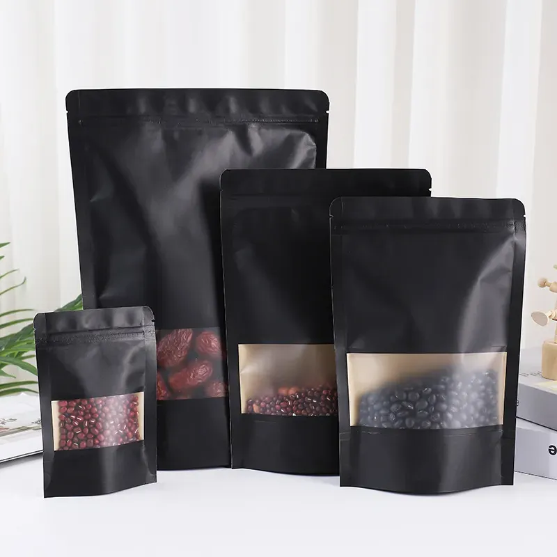 Stand up Black Paper Frosted Window Self seal Bag Resealable Snack Biscuit Coffee Gifts Heat Sealing Packaging Pouches LX5031