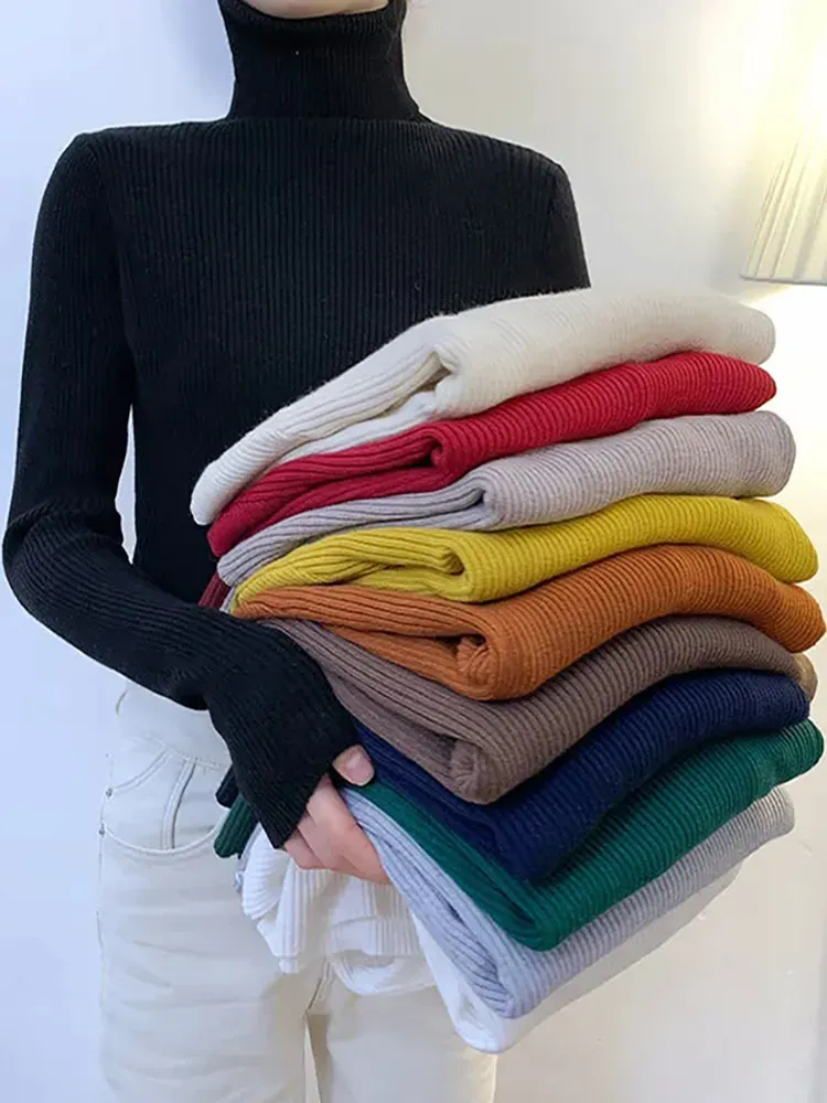 Zoki Nya 2023 Kvinnor Pullover Turtleneck tröja Autumn Long Sleeve Slim Elastic Korean Simple Basic Cheap Jumper Solid Color