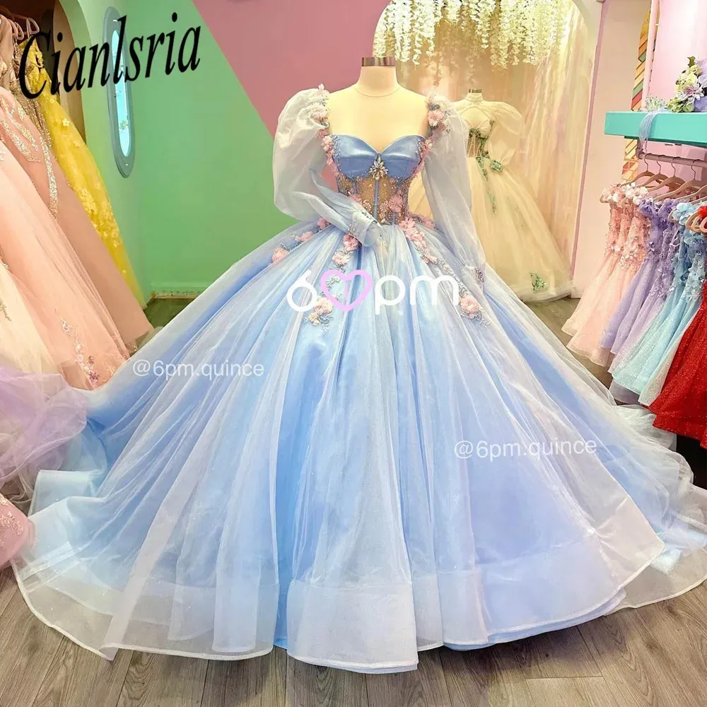 Abiti stile Quinceanera in pizzo azzurro cielo Abito da ballo 2024 Abito da dolce 16 con perline Abiti da compleanno Abiti da 15 anos