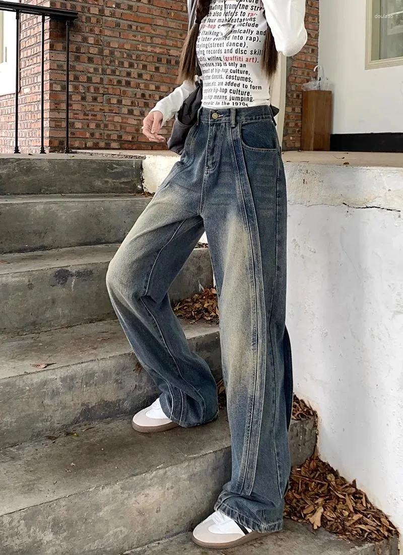 Kadın Kot Düz Kargo Yüksek Bel Amerikan Sokak Giyim Vintage Pantolon Şık Tasarım Günlük Bayanlar Denim Geniş Bacak Pantolon