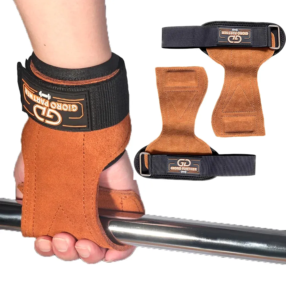 Handskar Viktlyftningskrokar Remmar Double Cowhide Deadlift -handskar och greppkuddar för fitness Gym Training Dabbell Pullups