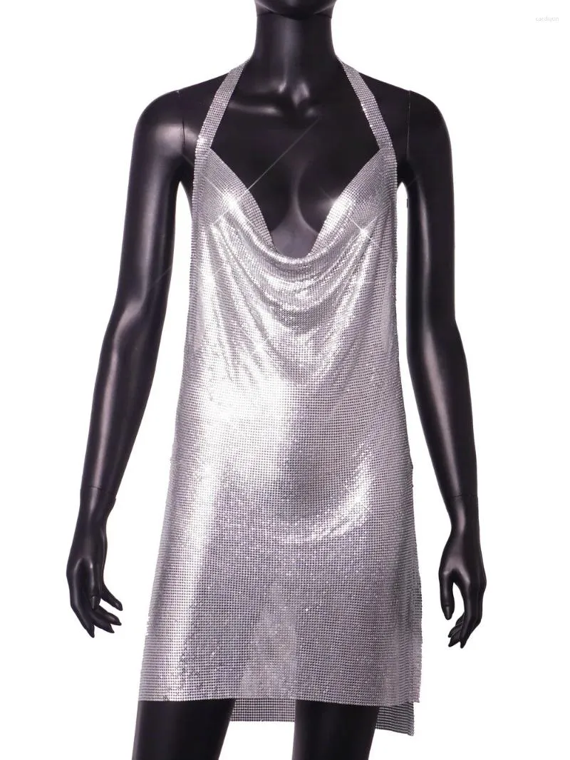 Casual Dresses Solid Draped Front Chainmail Metal Mesh Mini Dress Split Hem Tie Backless Metallic Halter för kvinnor