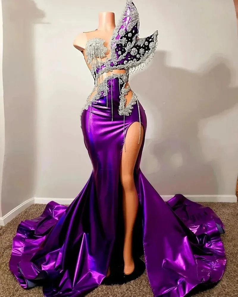 Sexy Sparkly Paars Prom Dress 2024 Illusion Kralen Crystal High Side Split Formele Verjaardagsfeestje Jurken Robe De Bal 0223