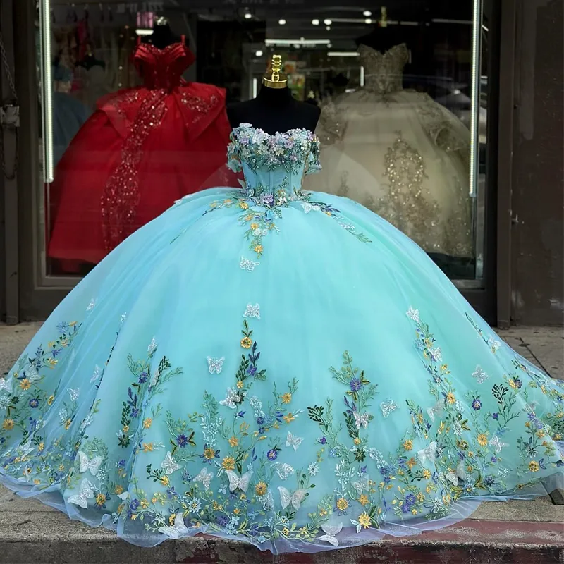 Aqua Blue Shiny Quinceanera Dress Off the Rame Ball Suknia Aplikacja Bow Koronka Kwiatowe Dziewczęta Przyjęcie urodzinowe Suknia balowa Vestido15 vx anos