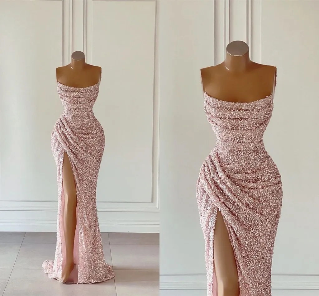 Rose Gold Pink Sequins Prom Dresses Sexy Mermaid Strapless Split High Evening Gowns African Girls Formal Party Occasion Gowns Custom Made BC15182