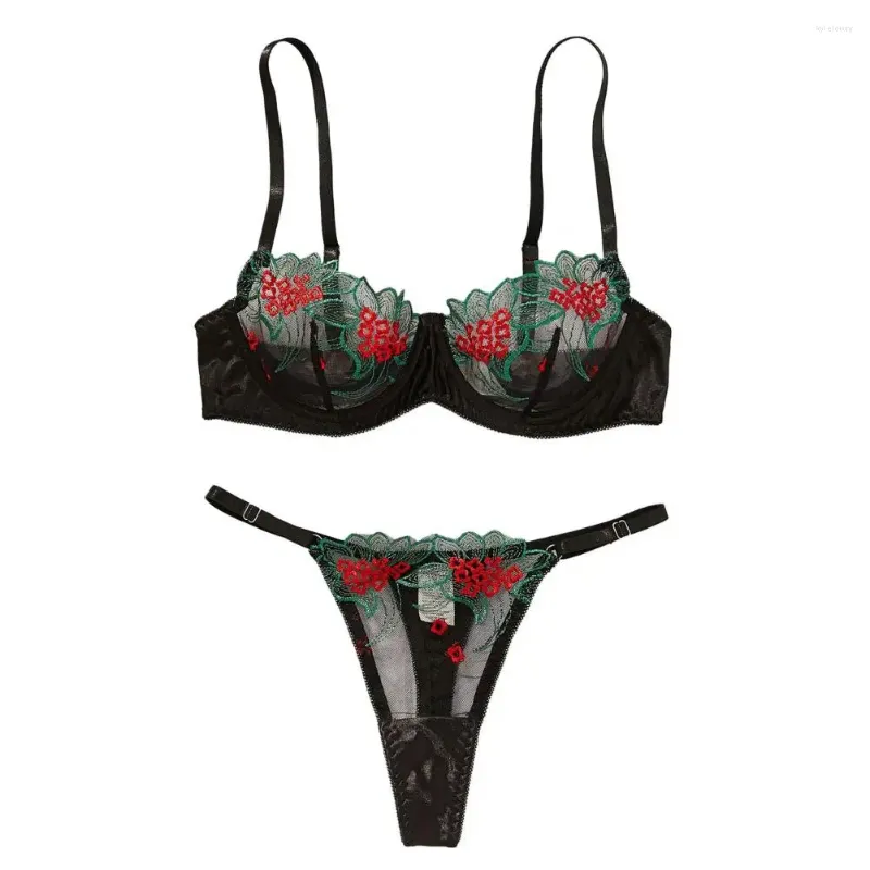 Bras Sets Floral Embroidery Underwear Set Cut-out Unpadded Bra Panties Lace With Adjustable Straps