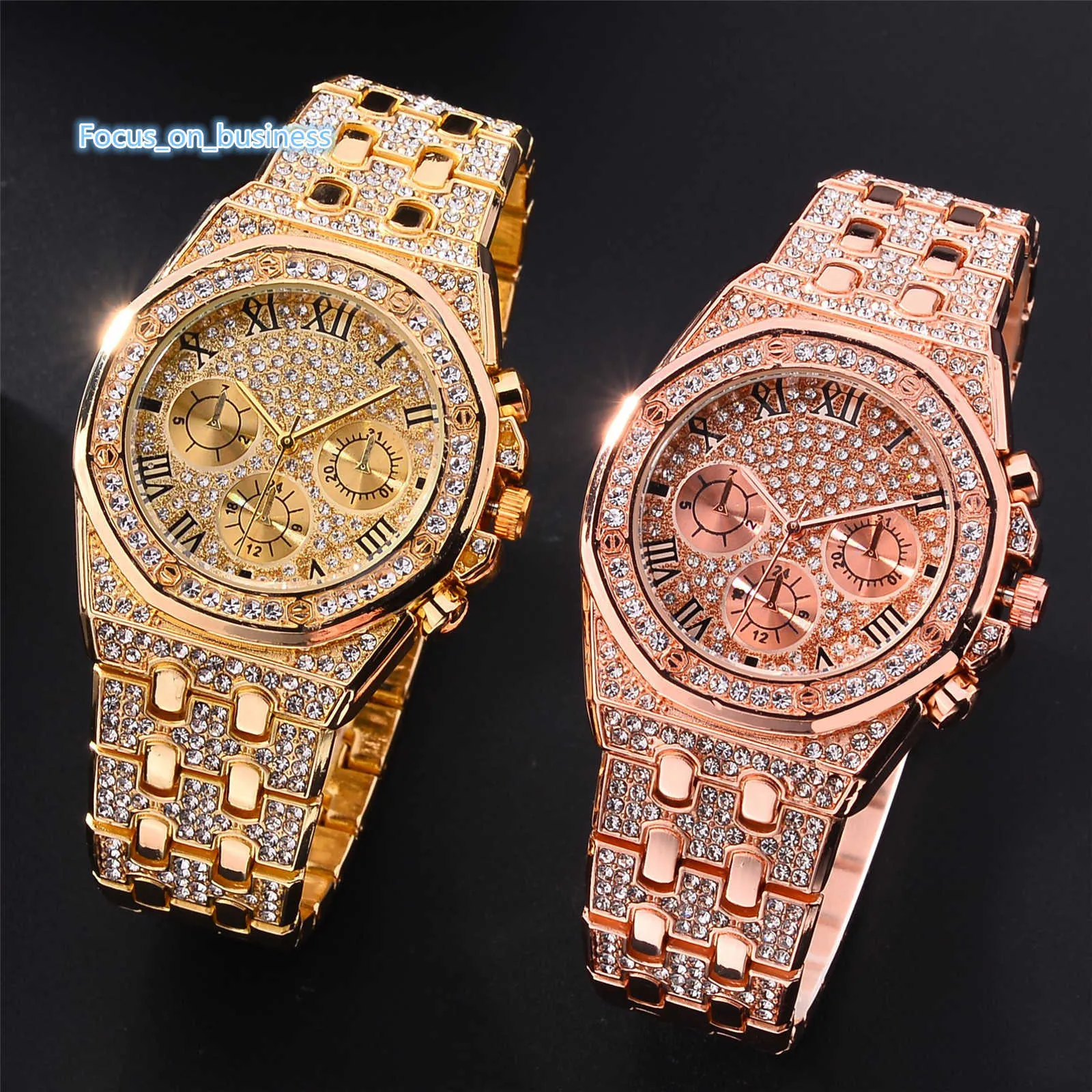 8458 Модные часы Роскошные золотые часы с бриллиантами Bling Мужские золотые часы в стиле хип-хоп