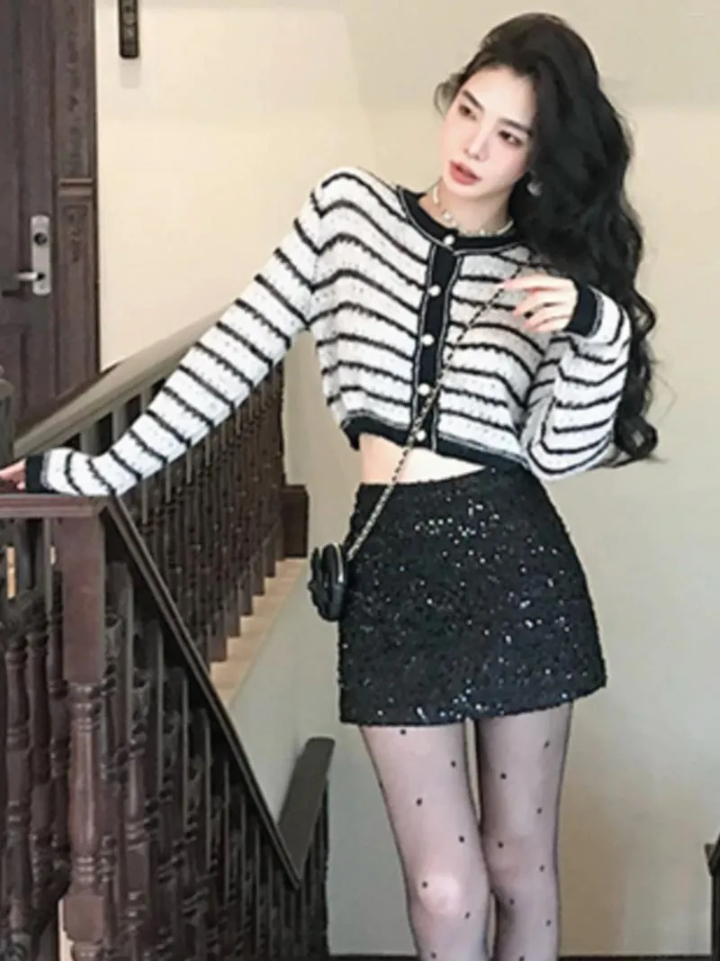 Work Dresses Fashion Elegant Sequin Mini Skirt 2 Piece Set Korean Stripe Knitted Top Outfits Woman Spring Autumn Black Party Clothing