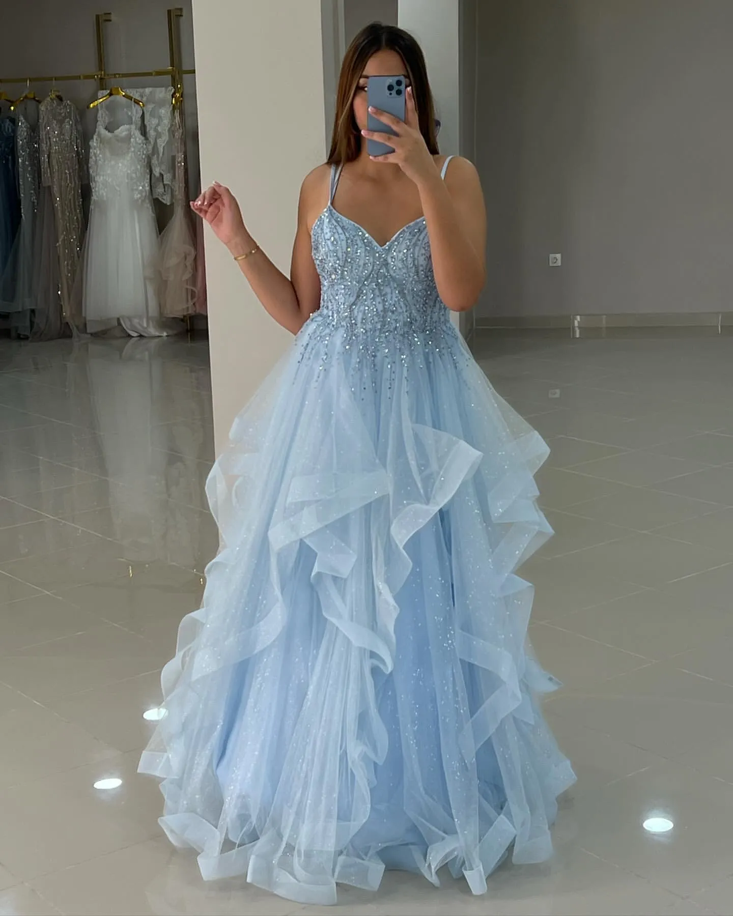 blue dress for baby girl Zapaka Women Sky Blue Prom Dress with Appliques Tulle A-Line Spaghetti Straps Party Dress, Sky Blue / US10 main image 1