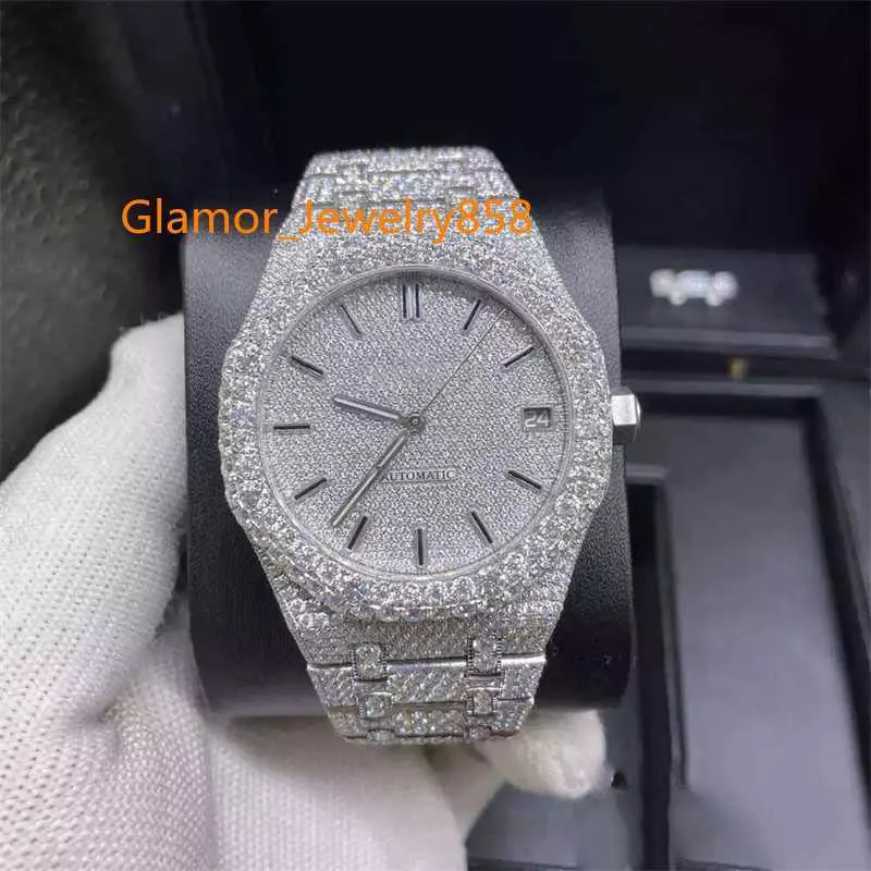 AP Uhren 2023 Version Moissanit Stones Sier Pass Test Mens Diamond T OP Quality Mechanische ETA-Bewegung Vollver ICED 2-Tone Shiny Watch