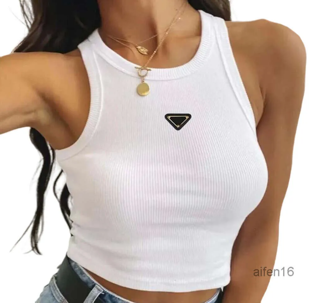 Gebreide top Hot Pr-a Zomer Wit Dames T-shirt Tees Crop Top Borduren Sexy Schouder Zwart Tank Casual Mouwloos Backless Shirts Luxe Designer Effen Kleur Vest 16