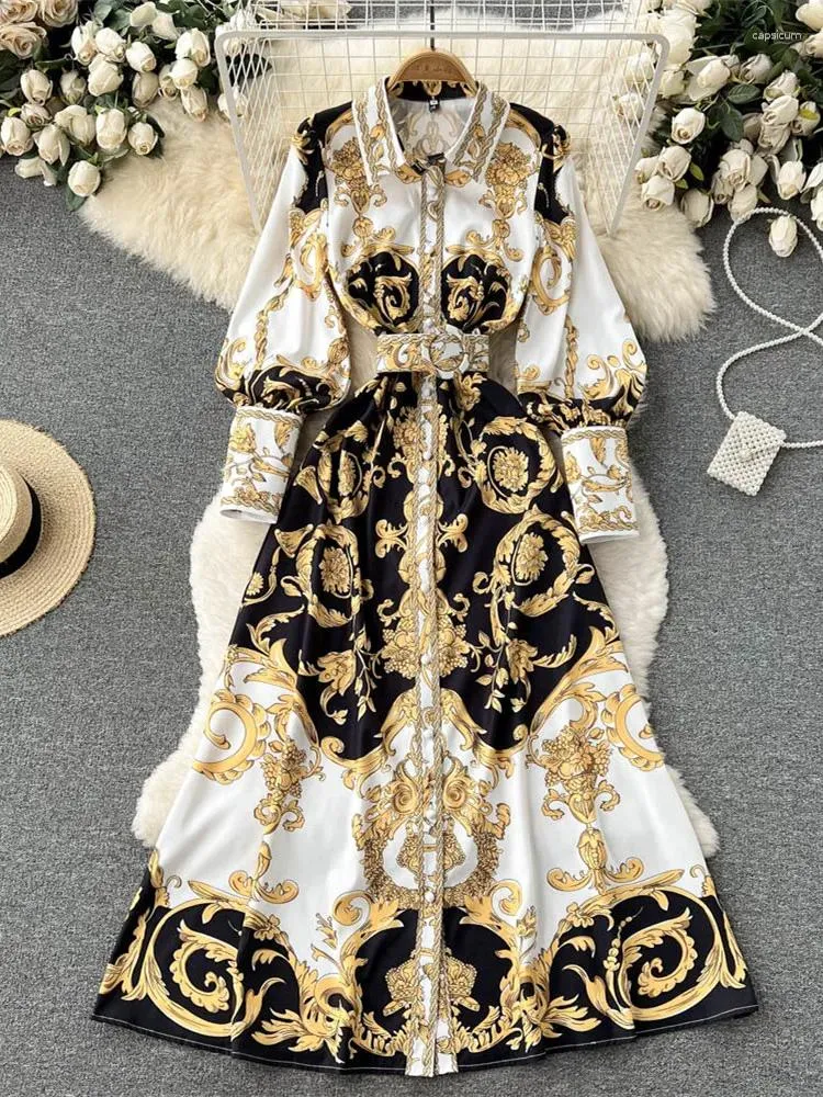 Casual Dresses Fashion Runway Baroque Maxi Dress Women Long Lantern Sleeve Buttons Down Golden Flower Print Elegant Belt Party Vestidos