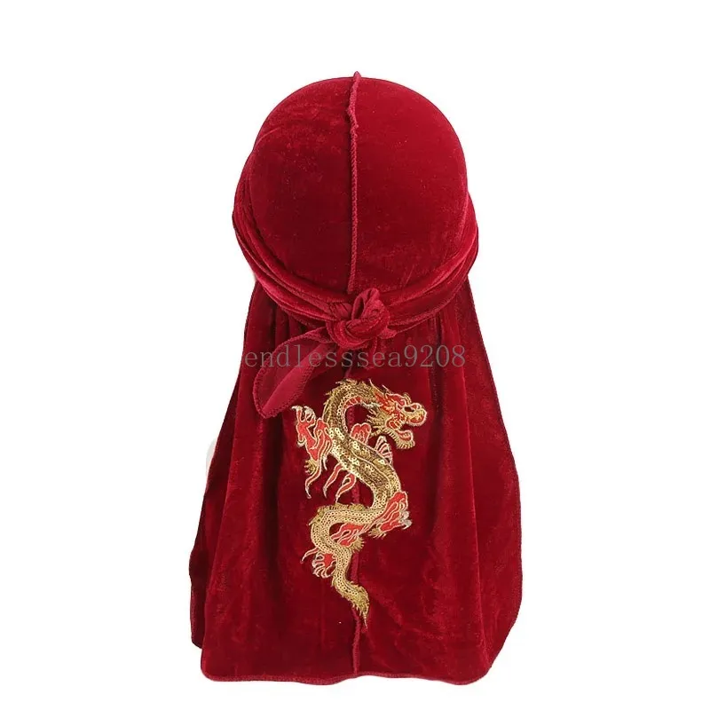 New Men Velvet China Dragon Long Tail Doo Rag Durag Bandanas Cap Pirate Hat Hip Hop Headband Biker Headwear Headband