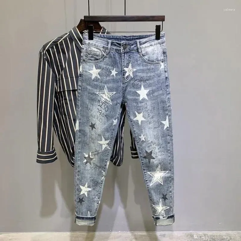 Erkekler kot pantolon yıldız streç adam kovboy pantolon baskılı hip hop grafik elastik 2024 moda bol miktarda Kore tarzı artı boyutu