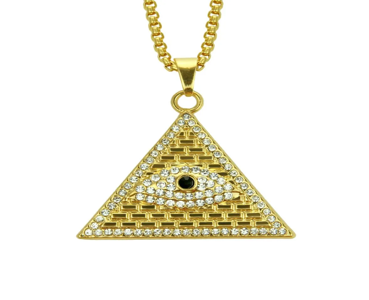 Gyllene egyptiska pyramidhalsband hängsmycken män kvinnor isade ut kristall illuminati onda öga av horus kedjor smycken gåvor9143665