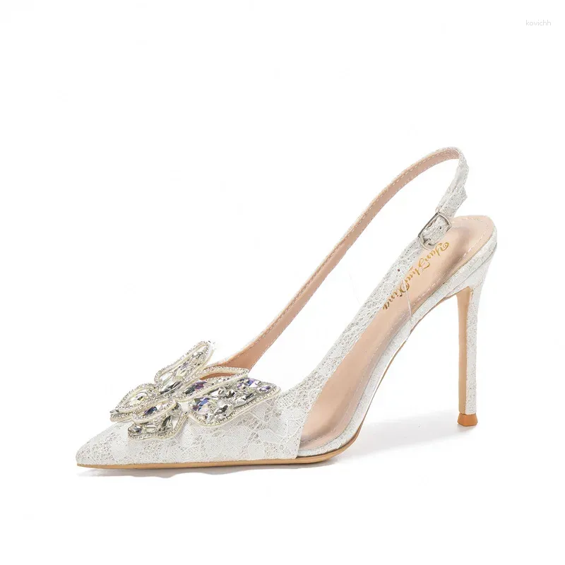 Klänningskor Storlek 33-41 Summer White Wedding Stiletto Heel Pointed Toe Sandals Crystal Rhinestone Bow Fashion Bridal High Heels