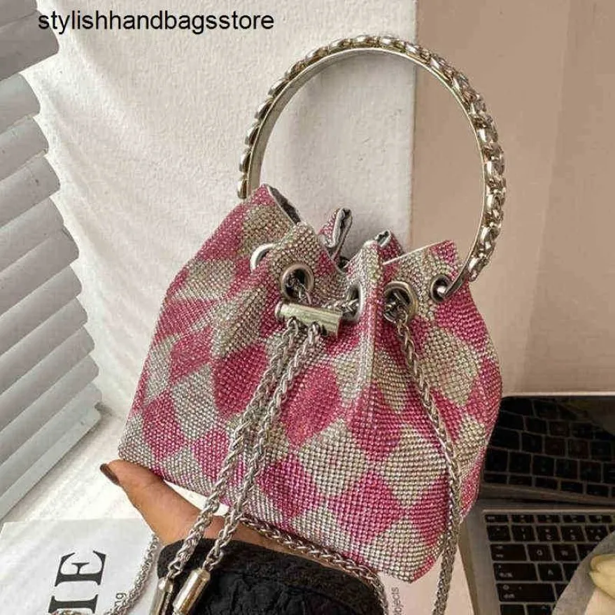 2022 Brand Women Small Handbag Female DrawString Bucket Bags Shoulder Bag Ladies Bling Diamond Mini Chain Handbag Evening Clutch Y273f
