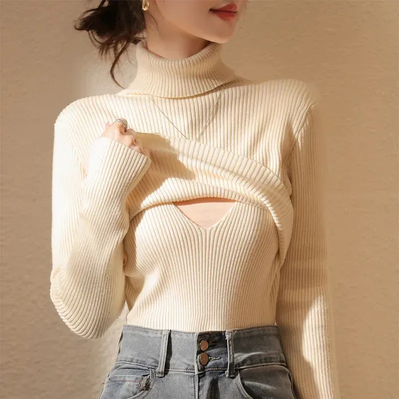 8928# Autumn Winter Dense Thicken Warm Sticked Maternity Nursing Sweaters High Neck Slim ammande skjorta Graviditetstoppar 240219