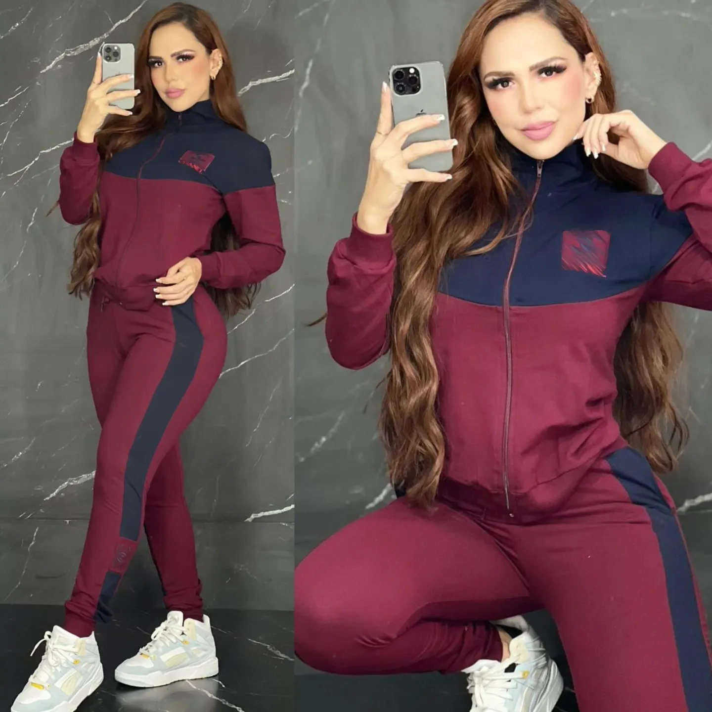 Women's Two Piece Pants Burgundy Morning Running Tracksuit Casual Jogging Zip Jacket and Designer Sweatpants Suit Set Free Ship