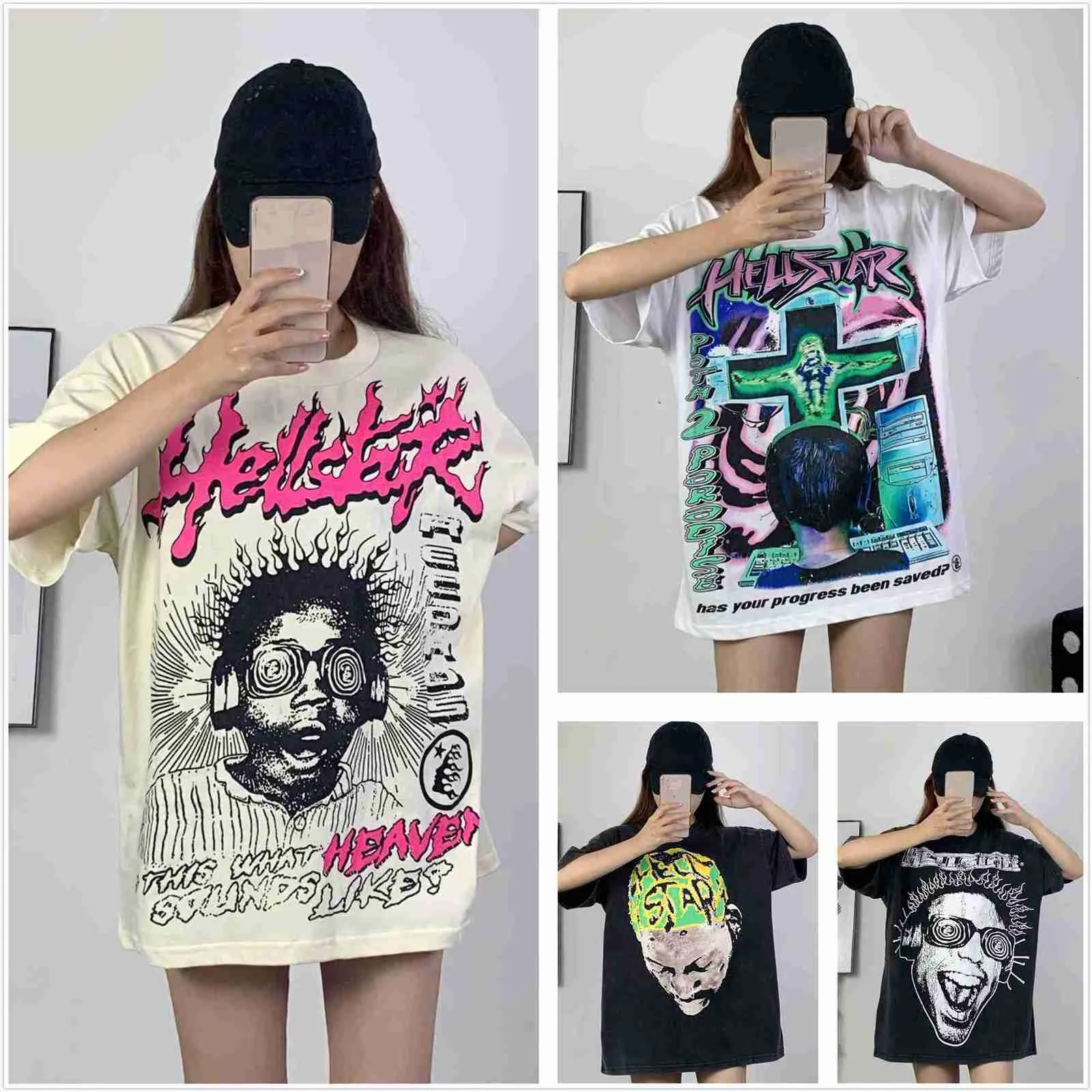 Designer Hellstar Shirt Designer T-shirt T-shirts graphiques Vêtements Hipster Tissu lavé Street Graffiti Lettrage Feuille d'impression Vintage Pur coton Coupe ample Pl