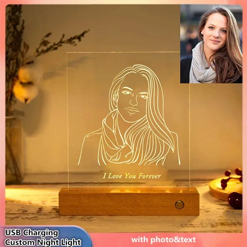 Luci notturne Ricarica USB Luce bianca calda personalizzata Lampada Po 3D personalizzata PoText Regalo di compleanno per anniversario di matrimonio