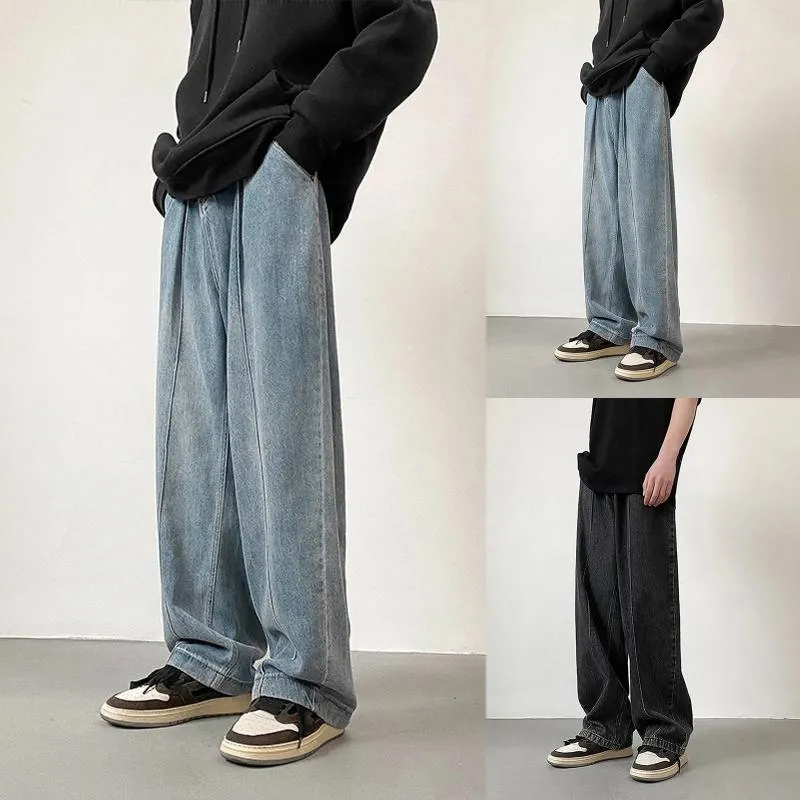 Mäns jeans avslappnade vintage män byxor mode lös plus storlek high street wide ben byxor koreanska chiffong svettbyxor techwear 2024