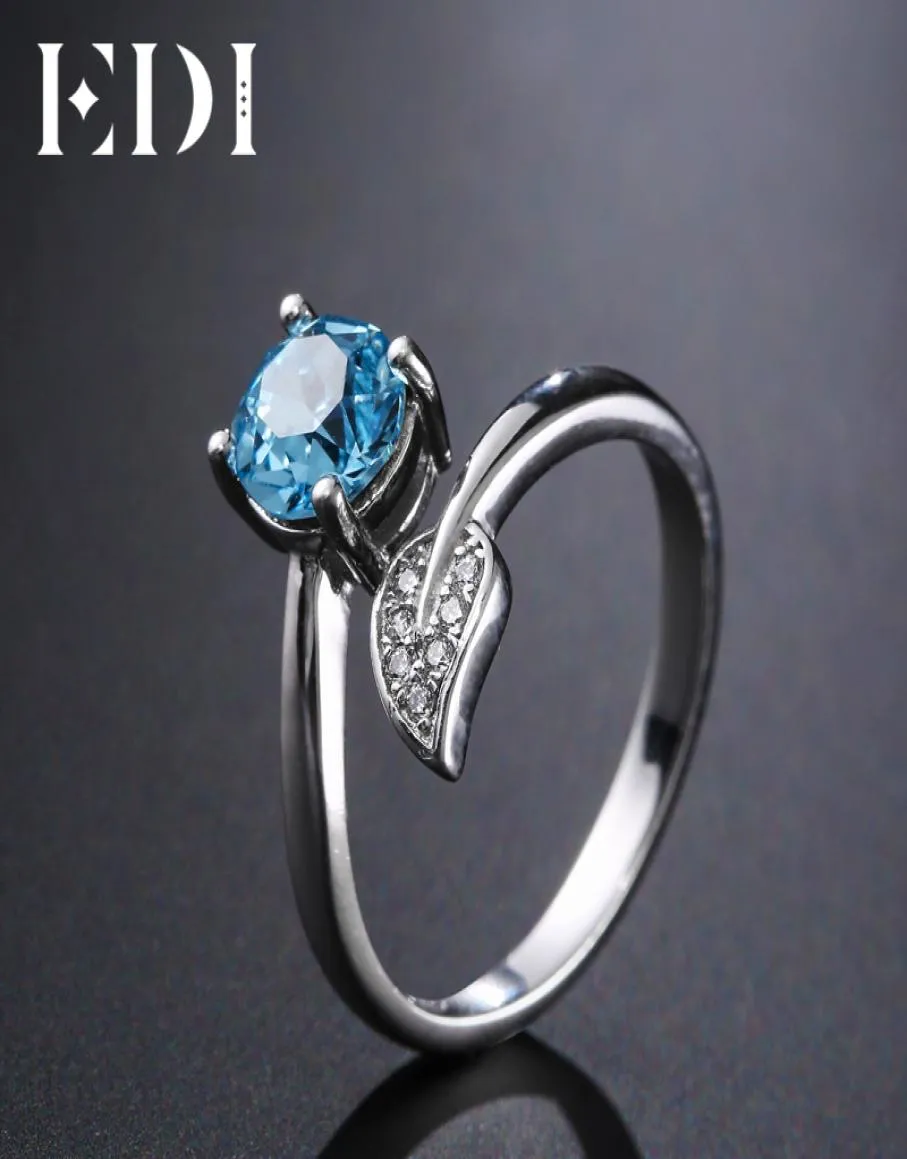 Edi Natural Blue Topaz Cleate Pure 925 Srebrny pierścień dla kobiet Kształt liści 6 mm okrągła biżuteria Y18927048559388