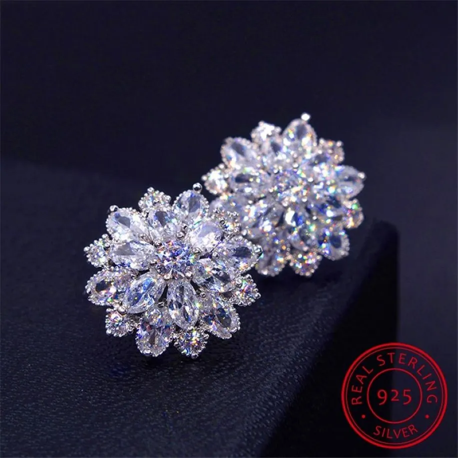 Female Snowflake Stud Earring 100% Real 925 Sterling Silver Jewelry High Quality Diamond Double Earrings For Women2869