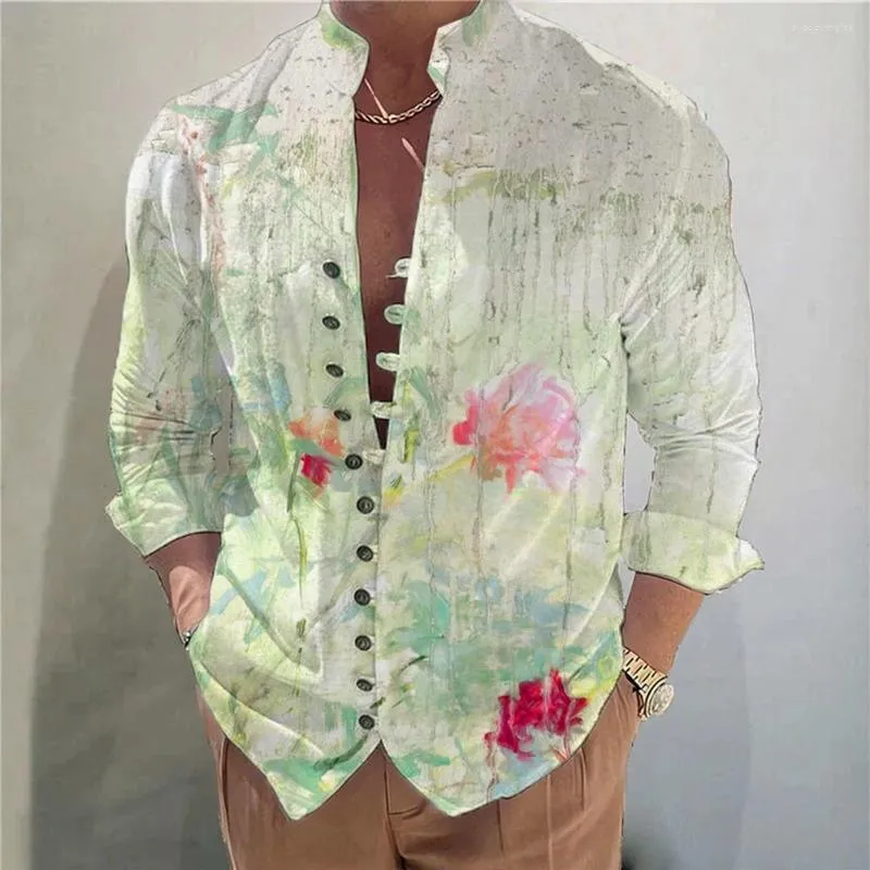 Men's Dress Shirts Tops Shirt Comfortable Long Sleeve Loose Men Retro Flower Print Slim Fit V-neck Vintage Summer Autumn Comfy Fashion