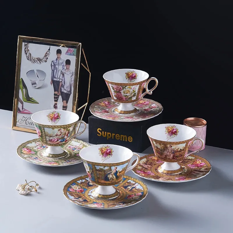 Tazze da caffè rosa con piede alto Bone China Set di piattini per tazze da caffè medievali Set di tazze da tè Set da caffè Articoli da tè Utensili da cucina per la casa 240219