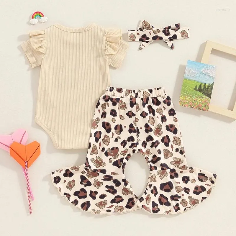 Conjuntos de roupas Carolilly 3pcs Baby Girl Summer Outfits Papai S Carta Bordado Manga Curta Ruffle Romper Leopard Print