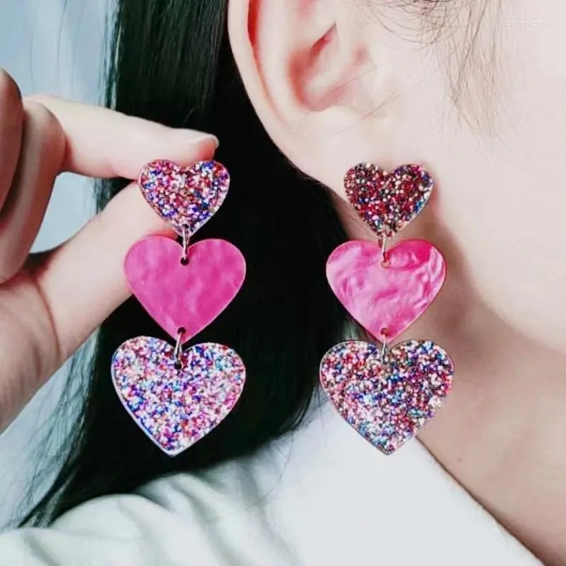 Dangle Earrings Neon Three Big Heart Drop Woman Fashion Long Earings Acrylic Large Earring Girls Summer Korean Jewelry Brincos