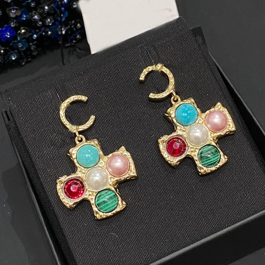 2024 Luxury quality charm drop earring with colorful beads in 18k gold plated cross style design have stamp box PS3197
