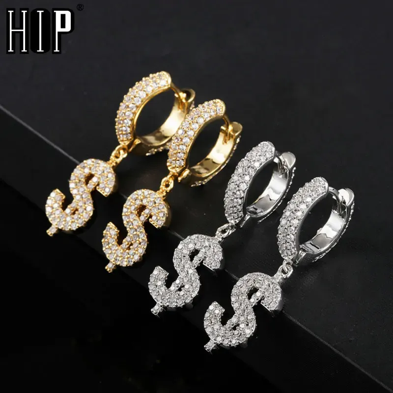 Hiphop 1Pair Iced Out Bling Cubic Zircon US Dollar Stud Earring Rock For Men Women SMYCKE 240220