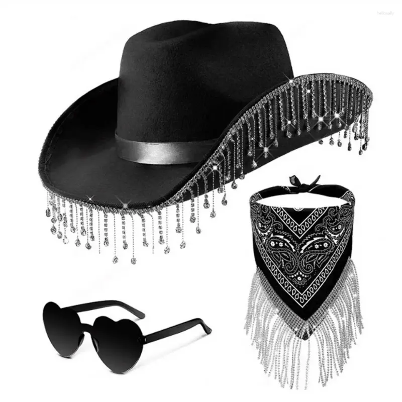 Berets Wedding Cowboy Hat Sparkling Rhinestone Western Wear Set Heart Sunglasses Bandanas For Women Men's Cosplay Costume